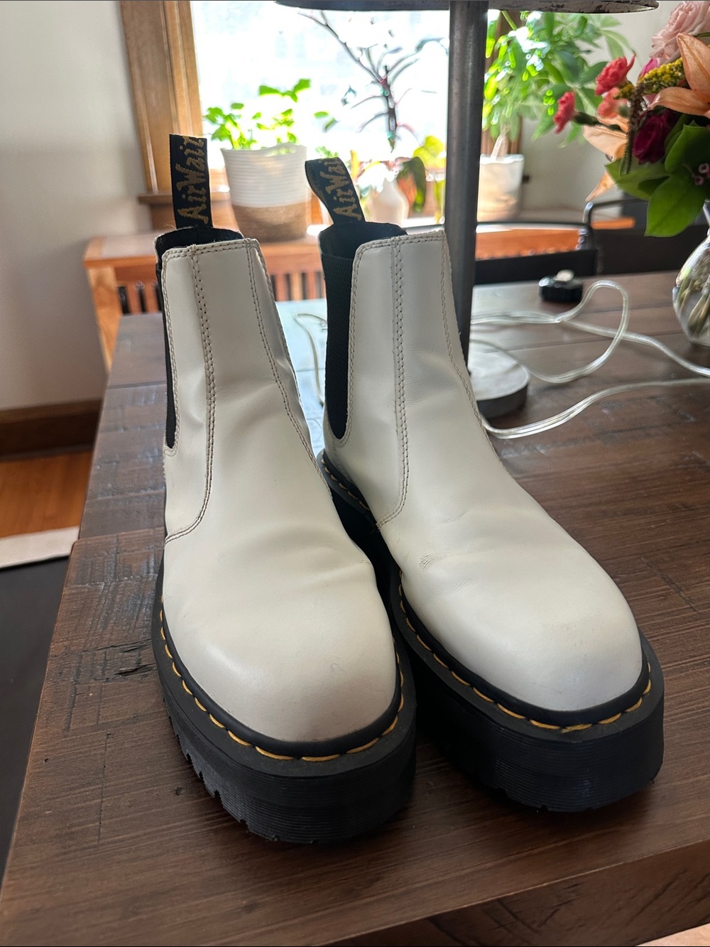 Dr. Martens White Platform Chelsea Boots with Black Elastic